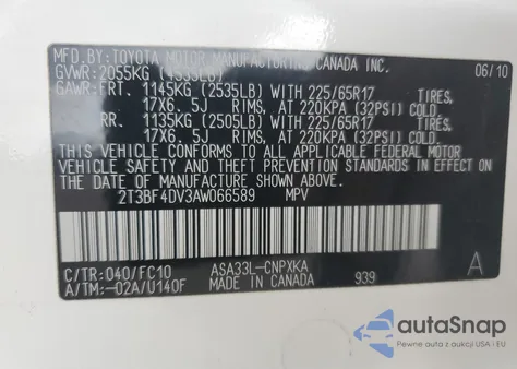 2010 Toyota Rav4 from USA, damaged, VIN 2T3BF4DV3AW066589